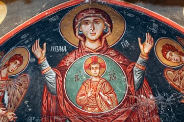Fresco Bizantino del Siglo XV La Virgen María Pintura Mural Iglesia del Arcángel Miguel en Pedoulas, Chipre Iglesias Pintadas Sitio UNESCO Troodos, Chipre